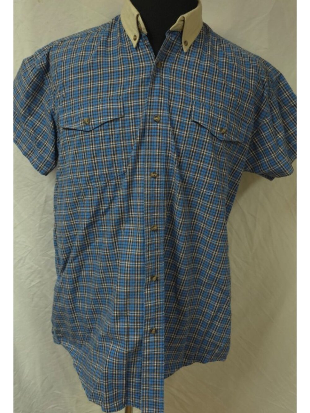 Roper Mens Large Blue Plaid Short Sleeve Heavyweight Contrasting Collar Shirt